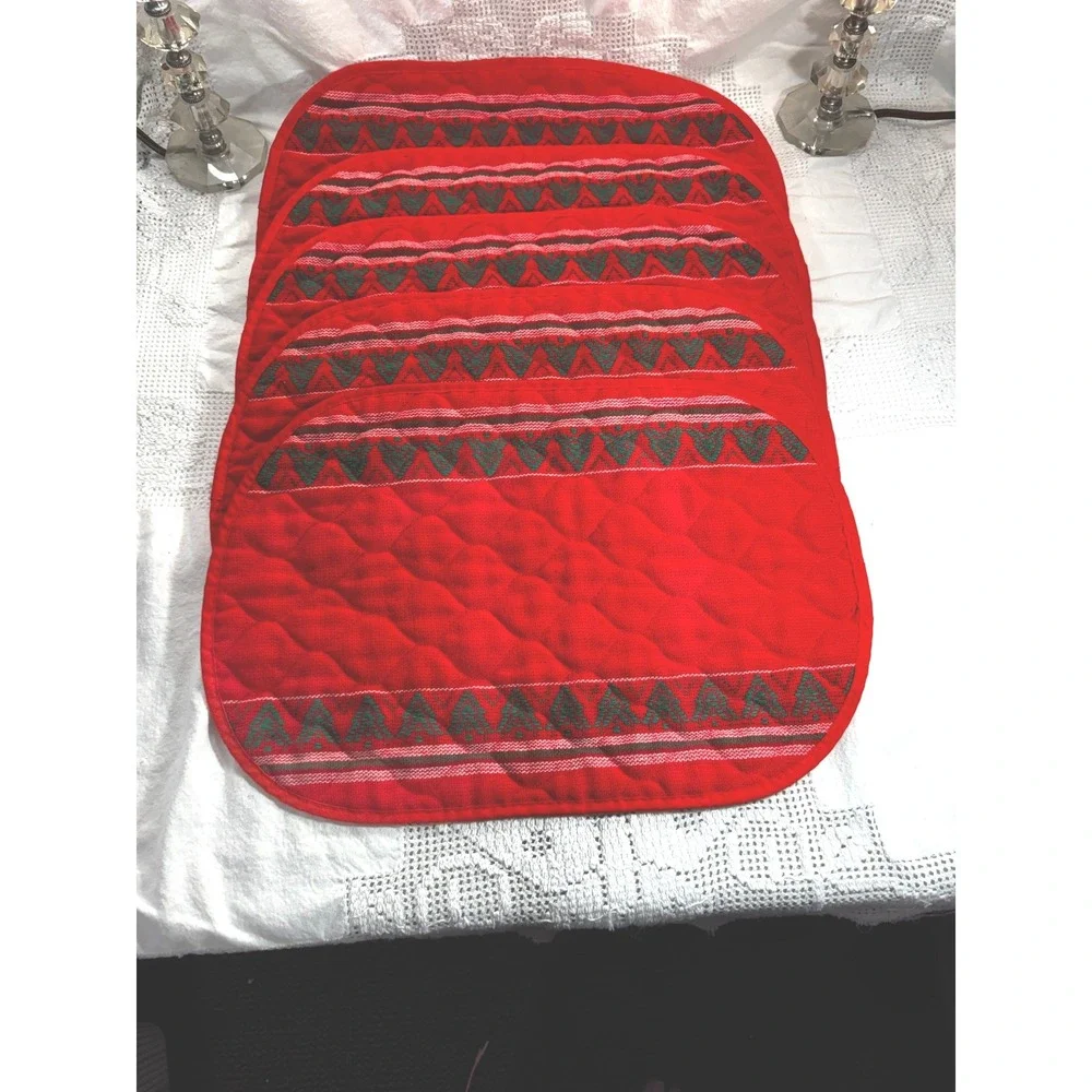 Set of 5 Vintage Red Quilted Needlepoint Christmas Placemats Green Tree Holiday